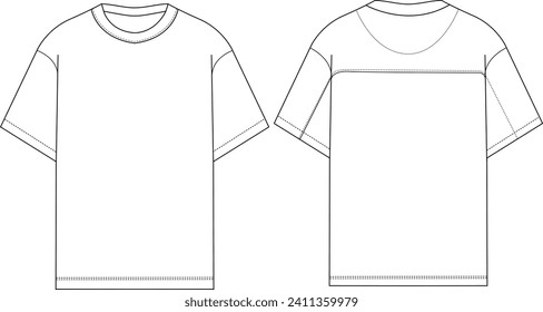 oversized boxy t shirt men and women crew neck short sleeve wide baggy t shirt flat sketch vector illustration. front and back view template. CAD mockup.