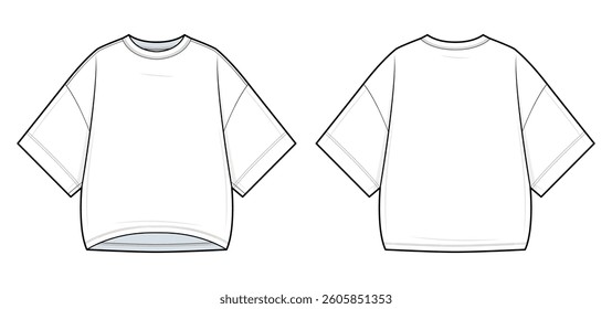 Oversized Boxy T-Shirt Technical Fashion Illustration. Relaxed-Fit Tee Vector Template. Front and Back View. Dropped Shoulders. Casual Streetwear. CAD Mockup Set.