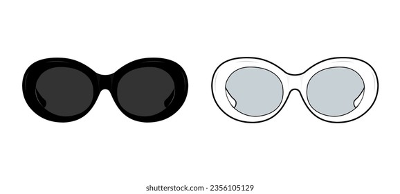 überdimensionierte ovale Sonnenbrillen, Vektorvorlage. Sonnenbrillen Zeichnung, Brille, Vorlage, schwarz, Silhouette. Vorderansicht, unisex. schwarz-weiß. CAD-Modell.