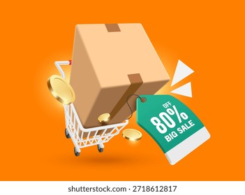 Caixas de papelão ou caixas de pacote grandes adicionar a carrinhos de compras ou cesta adornada com etiqueta promocional indicando grande venda 80% desconto, vetor 3d em fundo laranja para publicidade de banner
