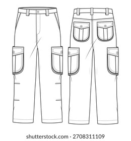 Oversized cargo pant flat sketch vector mockup template technical illustration.