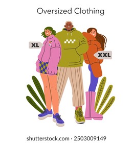 Oversized Clothing concept. Trendy individuals showcase comfortable fashion with large sweaters and coats. Relaxed urban style. Vector illustration.