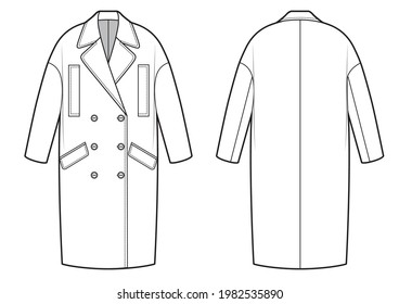 Oversized coat technical fashion illustration with pockets, double breasted, oversized body, knee length.