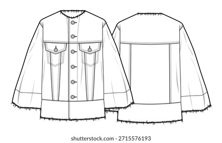 Chaqueta de jean sin cuello de gran tamaño Vector de diseño de maqueta Plantilla plano técnico.