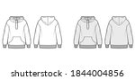 Oversized cotton-fleece hoodie technical fashion illustration with pocket, relaxed fit, long sleeves. Flat jumper apparel template front, back, white, grey color. Women, men, unisex sweatshirt top CAD