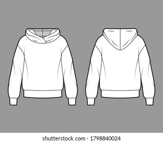 Oversized cotton-fleece hoodie technical fashion illustration with relaxed fit, long sleeves. Flat outwear jumper apparel template front, back white color. Women, men, unisex sweatshirt top CAD mockup