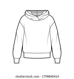 Oversized cotton-fleece hoodie technical fashion illustration with relaxed fit, long sleeves. Flat outwear jumper apparel template front, white color. Women, men, unisex sweatshirt top CAD mockup