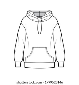 Oversized cotton-fleece hoodie technical fashion illustration with pocket, relaxed fit, long sleeves. Flat outwear jumper apparel template front, white color. Women, men, unisex sweatshirt top CAD