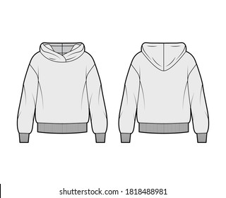 Oversized cotton-fleece hoodie technical fashion illustration with relaxed fit, long sleeves. Flat outwear jumper apparel template front, back, grey color. Women, men, unisex sweatshirt top CAD mockup