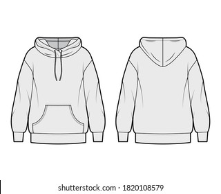 Oversized cotton-fleece hoodie technical fashion illustration with pocket, relaxed fit, long sleeves. Flat outwear jumper apparel template front, back grey color. Women, men, unisex sweatshirt top CAD