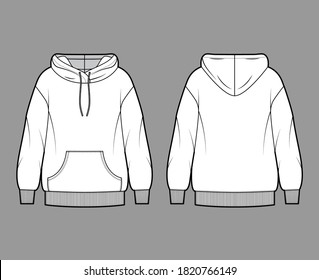 Oversized cotton-fleece hoodie technical fashion illustration with pocket, relaxed fit, long sleeves. Flat outwear jumper apparel template front back white color. Women, men, unisex sweatshirt top CAD