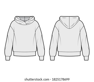 Oversized cotton-fleece hoodie technical fashion illustration with relaxed fit, long sleeves. Flat outwear jumper apparel template front, back, grey color. Women, men, unisex sweatshirt top CAD mockup