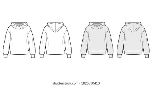 Oversized cotton-fleece hoodie technical fashion illustration with relaxed fit, long sleeves. Flat outwear jumper apparel template front, back, white, grey color. Women, men, unisex sweatshirt top CAD