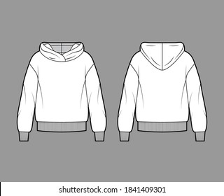 Oversized cotton-fleece hoodie technical fashion illustration with relaxed fit, long sleeves. Flat outwear jumper apparel template front, back white color. Women, men, unisex sweatshirt top CAD mockup