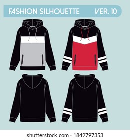 Oversized cotton-fleece hoodie technical fashion illustration with pocket, relaxed fit, long sleeves. Flat outwear jumper apparel template front back white color. Women, men, unisex sweatshirt top CAD