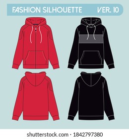 Oversized cotton-fleece hoodie technical fashion illustration with pocket, relaxed fit, long sleeves. Flat outwear jumper apparel template front back white color. Women, men, unisex sweatshirt top CAD