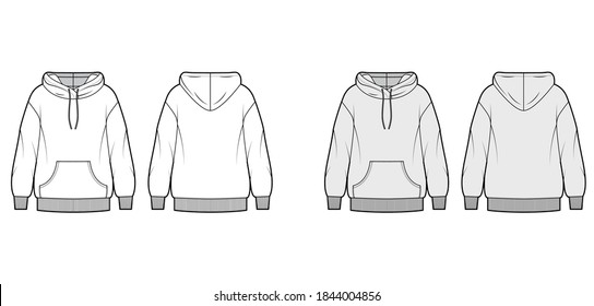 Ilustración de moda técnica de algodón sobredimensionado con mangas largas, de bolsillo, de ajuste relajado. Plantilla de prendas de puentador planas frontal, posterior, blanco, color gris. Mujeres, hombres, unisex sudaderas CAD