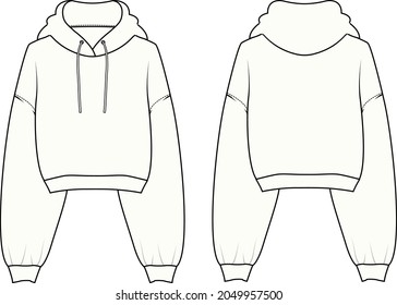 Oversized cotton-fleece hoodie technical fashion illustration with pocket, relaxed fit, long sleeves. Flat outwear jumper apparel template front back white color. Women, men, unisex sweatshirt top CAD