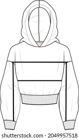 Oversized cotton-fleece hoodie technical fashion illustration with pocket, relaxed fit, long sleeves. Flat outwear jumper apparel template front back white color. Women, men, unisex sweatshirt top CAD