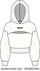 Oversized cotton-fleece hoodie technical fashion illustration with pocket, relaxed fit, long sleeves. Flat outwear jumper apparel template front back white color. Women, men, unisex sweatshirt top CAD