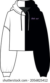 Oversized cotton-fleece hoodie technical fashion illustration with pocket, relaxed fit, long sleeves. Flat outwear jumper apparel template front back white color. Women, men, unisex sweatshirt top CAD