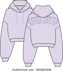 Oversized cotton-fleece hoodie technical fashion illustration with pocket, relaxed fit, long sleeves. Flat outwear jumper apparel template front back white color. Women, men, unisex sweatshirt top CAD