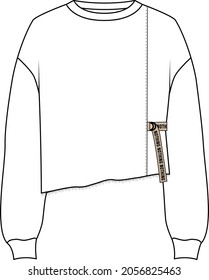 Ilustración de moda técnica de algodón sobredimensionado con mangas largas, de bolsillo, de ajuste relajado. Plantilla de ropa de puente de ropa interior plana de color blanco delantero. Mujeres, hombres, unisex sudaderas CAD