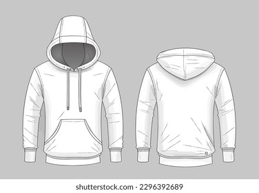 Oversized cotton-fleece hoodie technical fashion illustration with relaxed fit, long sleeves. Flat outwear jumper apparel template front, back white color. Vector.