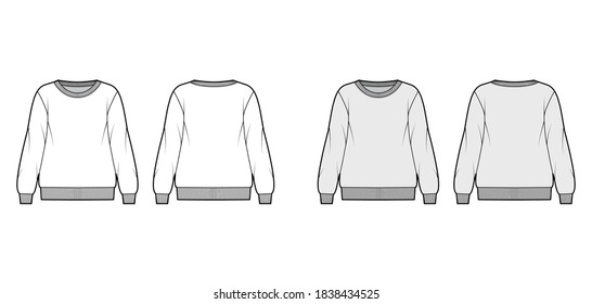 Oversized cotton-terry sweatshirt technical fashion illustration with crew neckline, long sleeves, ribbed trims. Flat outwear jumper apparel template front back white grey color. Women, men unisex top