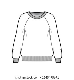 Oversized cotton-terry sweatshirt technical fashion illustration with scoop neckline, long raglan sleeves, ribbed trims. Flat outwear jumper apparel template front white color. Women, men unisex top