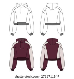Sudadera técnica plana con capucha de gran tamaño para mujer: paneles en contraste con mapeo de costuras y Plantilla CAD completa
