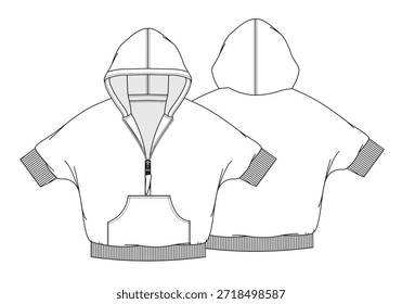Cropped sudadera con capucha de gran tamaño diseño de Vector maqueta Plantilla boceto plano técnico.