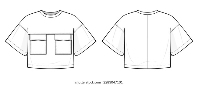 Oversized Cropped Short Sleeve T-Shirt fashion flat technical drawing template. With square-cut patch pockets. T-shirt template front and back view, white color. Unisex. men, women. CAD mock-up.
