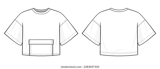 Oversized Cropped Short Sleeve T-Shirt fashion flat technical drawing template. With front patch pocket. T-shirt template front view, back view, white color. Unisex. men, women. CAD mock-up.