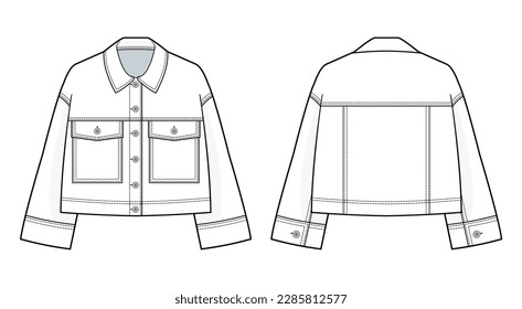 Oversized Denim Jacke technische Zeichnung Vorlage. mit Pflaster auf der Vorderseite. Denim Jacke technische Mode Illustration, Front- und Rückansicht, weiß, unisex, CAD Mock up Set.