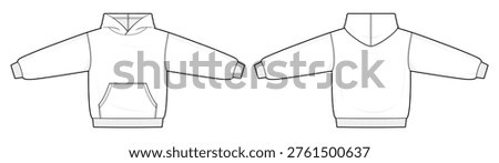 Oversized Drop Shoulder Hoodie T-Pose Technical Fashion Illustration. Classic Unisex Hooded Sweatshirt Vector Template. Front and Back View. White Color CAD Mockup