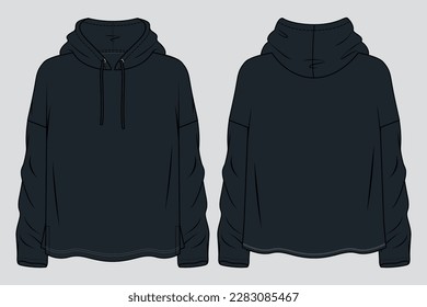 OVERSIZED FASHION HOOD T SHIRT FLAT SKETCH TECHNICAL TEMPLATE FRONT AND BACK