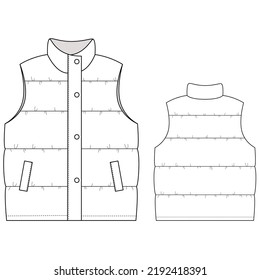 Oversized grosgrain-trimmed quilted vest. Vector Illustration isolated, front and back view. Technical drawing for fashion design