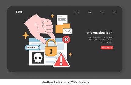 Oversized hand bypasses secure digital barriers, highlighting the risks of information leaks and compromised cyber protection. Flat vector illustration