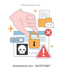 Oversized hand bypasses secure digital barriers, highlighting the risks of information leaks and compromised cyber protection. Flat vector illustration