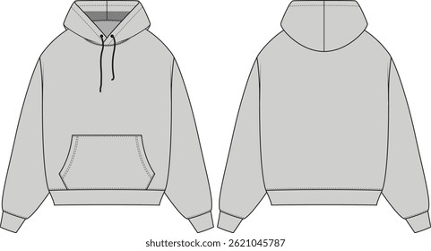 oversized hoodie blank outline technical fashion flat sketch line art vector template mockup