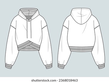 technische Skizze mit übergroßer Hoodie-Flachzeichnung. Langärmel-Sweatshirt Outfit Design Vektorgrafik für eine Kleidungsmarke. Modedesign CAD-Design für Kleidung, Bekleidungsvorlage.