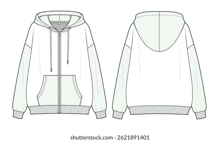 Oversized hoodie front and back view vector mockup template technical flat design.