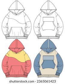 Oversized hoodie technical fashion illustration with relaxed fit, long sleeves. Flat outwear jumper apparel template. Women, men, unisex sweatshirt top mockup