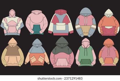 Oversized hoodie technical fashion illustration with relaxed fit, long sleeves. Flat outwear jumper apparel template. Women, men, unisex sweatshirt top mockup