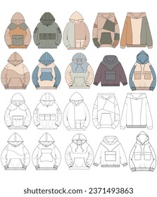 Oversized hoodie technical fashion illustration with relaxed fit, long sleeves. Flat outwear jumper apparel template. Women, men, unisex sweatshirt top mockup