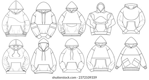 Oversisierte hoodie technische Modegrafik mit entspannter Passform, langen Ärmeln. Flaches Outwear-Jumper-Bekleidungsschablone. Frauen, Männer, unisex-Sweatshirt oben