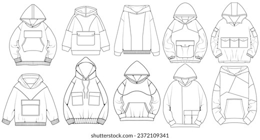 Oversized hoodie technical fashion illustration with relaxed fit, long sleeves. Flat outwear jumper apparel template. Women, men, unisex sweatshirt top mockup