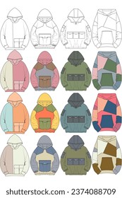 Oversized hoodie technical fashion illustration with relaxed fit, long sleeves. Flat outwear jumper apparel template. Women, men, unisex sweatshirt top mockup