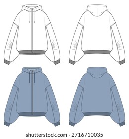 Sudadera técnica con capucha de gran tamaño para mujer — Dibujo de construcción de ropa con mapeo de costuras y Plantilla CAD completa